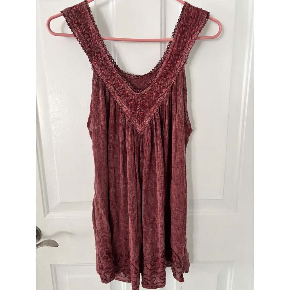 Lapogee Womens 2X Burgundy Crinkle Sequin‎ Embroidered Boho Tunic Tank Top
